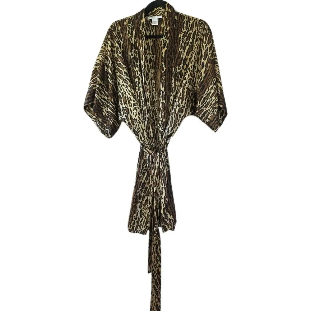 Morgan Tylor Leopard Kimono Robe‎ Womens S Brown Black Tie Front Satin Mobwives